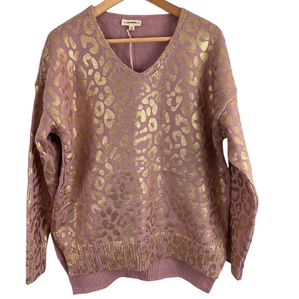 eesome Sweater Women S/M Mauve Gold Metallic Leopard Animal Print V-Neck‎ Knit